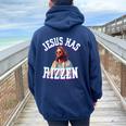 Jesus Has Rizzen Christian Meme Novelty Jesus Christ Women Oversized Hoodie Back Print Navy Blue