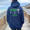 Leveling Up To Sister For Becoming Sister Women Oversized Hoodie Back Print Navy Blue