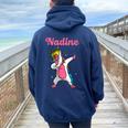 Nadine Name Personalized Birthday Dabbing Unicorn Queen Women Oversized Hoodie Back Print Navy Blue