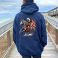 Native American Day Flag Indian Riding Horse 4Th Of July Women Oversized Hoodie Back Print Navy Blue