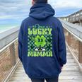 One Lucky Momma Groovy Retro Momma St Patrick's Day Women Oversized Hoodie Back Print Navy Blue