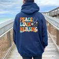 Peace Love Nursing Groovy Nurse Women Oversized Hoodie Back Print Navy Blue