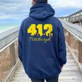 Pittsburgh 412 City Skyline Yellow Pittsburgh Women Oversized Hoodie Back Print Navy Blue