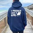 I Preach Like A Girl Pastors Pride Clothing Women Oversized Hoodie Back Print Navy Blue