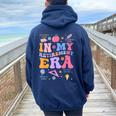 In My Retirement Era Retro Groovy Retired Teacher Women Women Oversized Hoodie Back Print Navy Blue