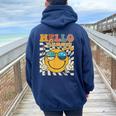 Retro Groovy Hello Summer Smile Face Hello Beach Vacation Women Oversized Hoodie Back Print Navy Blue