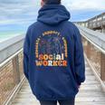 Retro Groovy Social Worker Flower Social Work Month Women Oversized Hoodie Back Print Navy Blue