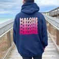 Retro Malone Girl First Name Boy Personalized Groovy 80'S Women Oversized Hoodie Back Print Navy Blue
