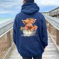 Scottish Baby Highland Cow Cattle Farm Floral Cute Cow Lover Women Oversized Hoodie Back Print Navy Blue