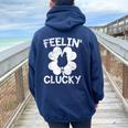 Shamrock Leaf Feelin' Clucky Chicken Lucky St Patrick's Day Women Oversized Hoodie Back Print Navy Blue