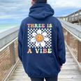 Three Is A Vibe Cute Groovy 3Rd Birthday Party Daisy Flower Women Oversized Hoodie Back Print Navy Blue