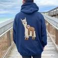 Trendy Funky Cartoon Chill Out Sloth Riding Llama Women Oversized Hoodie Back Print Navy Blue