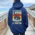 Never Underestimate A Woman With A Tractor Farmer Women Oversized Hoodie Back Print Navy Blue