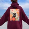 Black Cat And Flowers Cat Lover Cat Floral Cat Women Oversized Hoodie Back Print Maroon