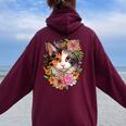 Cute Floral Calico Cat Women Oversized Hoodie Back Print Maroon