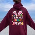 Cute Teacher Bunny Ears & Paws Easter Eggs Easter Day Girl Women Oversized Hoodie Back Print Maroon