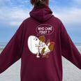 Adult Humor Jokes Who Came First Chicken Or Egg Women Oversized Hoodie Back Print Maroon