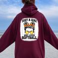 Girls Softball Fan Player Messy Bun Softball Lover Women Oversized Hoodie Back Print Maroon
