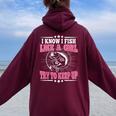 I Know I Fish Like A Girl Try To Keep Up Fishing Women Oversized Hoodie Back Print Maroon