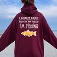 Might Look Like Listening Fishing Angler Kid Women Oversized Hoodie Back Print Maroon