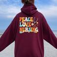Peace Love Nursing Groovy Nurse Women Oversized Hoodie Back Print Maroon
