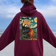Red Panda Starry Night Van Gogh Style Graphic Women Oversized Hoodie Back Print Maroon