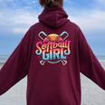 Softball Girl Softball Player Fan Women Oversized Hoodie Back Print Maroon