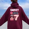 Sweet Sassy And Seven 7Th Birthday Girl Donut 7 Year Old Kid Women Oversized Hoodie Back Print Maroon