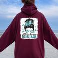 Warrior Messy Bun Teal Ribbon Addiction Recovery Women Oversized Hoodie Back Print Maroon