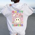 Happy Easter For Girls Groovy Hippie Face Bunny Women Oversized Hoodie Back Print White