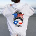 Texas State Flag Sunglasses Mom Messy Bun Hair Girl Women Oversized Hoodie Back Print White