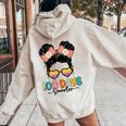 Cute 100Th Day Of School Girls Messy Bun 100 Days Smarter Women Oversized Hoodie Back Print Sand