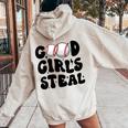 Good Girls Steal Groovy Retro Baseball Woman Girl Softball Women Oversized Hoodie Back Print Sand