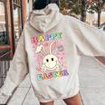 Happy Easter For Girls Groovy Hippie Face Bunny Women Oversized Hoodie Back Print Sand