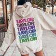 Personalized First Name Taylor Girl Groovy Retro Pink Women Oversized Hoodie Back Print Sand