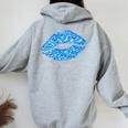 80S & 90S Kiss Mouth Lips Motif Vintage Blue Women Oversized Hoodie Back Print Sport Grey