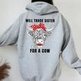Will Trade Sister For A Cow Cow Messy Bun Women Oversized Hoodie Back Print Sport Grey