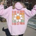 Three Is A Vibe Cute Groovy 3Rd Birthday Party Daisy Flower Women Oversized Hoodie Back Print Light Pink