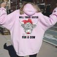 Will Trade Sister For A Cow Cow Messy Bun Women Oversized Hoodie Back Print Light Pink