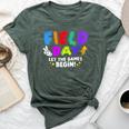 Let The Games Begin Orange Yellow Red Blue Field Day Teacher Bella Canvas T-shirt Heather Forest