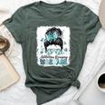 Warrior Messy Bun Teal Ribbon Addiction Recovery Bella Canvas T-shirt Heather Forest