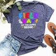 Let The Games Begin Orange Yellow Red Blue Field Day Teacher Bella Canvas T-shirt Heather Navy
