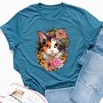 Cute Floral Calico Cat Bella Canvas T-shirt Heather Deep Teal