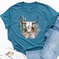 Western Boho Chic Longhorn Bull Skull Cactus Beige Pattern Bella Canvas T-shirt Heather Deep Teal