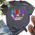 Let The Games Begin Orange Yellow Red Blue Field Day Teacher Bella Canvas T-shirt Heather Dark Grey
