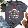 Most Likely To Drink All The Coffee Family Christmas Joke Bella Canvas T-shirt Heather Dark Grey