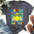 Retro Groovy Autism Awareness Hippie Smile Face Boy Girl Kid Bella Canvas T-shirt Heather Dark Grey
