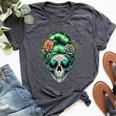 St Pattys Day Skull Bun Messy Irish Women Bella Canvas T-shirt Heather Dark Grey