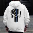 Blue Line American Skull Flag Support Police Zip Up Hoodie Back Print