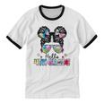 First Day Of School Hello 4Th Grade Girls Messy Bun Cotton Ringer T-Shirt